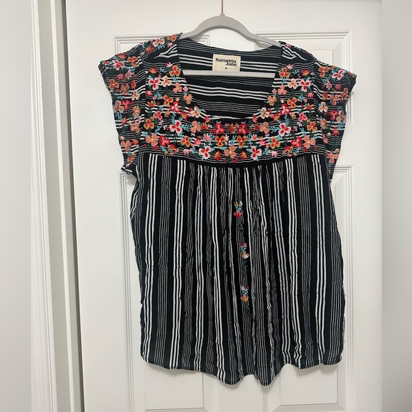 Savanna Jane Tops - Savanna Jane embroidered Black and White Striped Floral Blouse NWOT